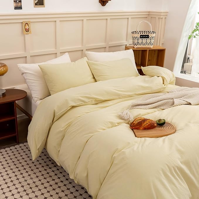 ECOCOTT Duvet Cover Set, 100% Washed Cotton Linen-Like Textured Soft & Breathable, Durable Comfy Bedding Set for All Seasons (Light Yellow, Queen)