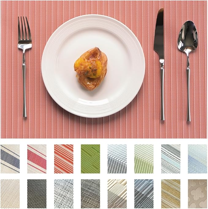 Placemats Set of 12 Vinyl/Plastic Woven Place Mats for Kitchen Table Indoor/Outdoor Washable Placemat Wipeable Dining Table Mats (Red Stripes,12)