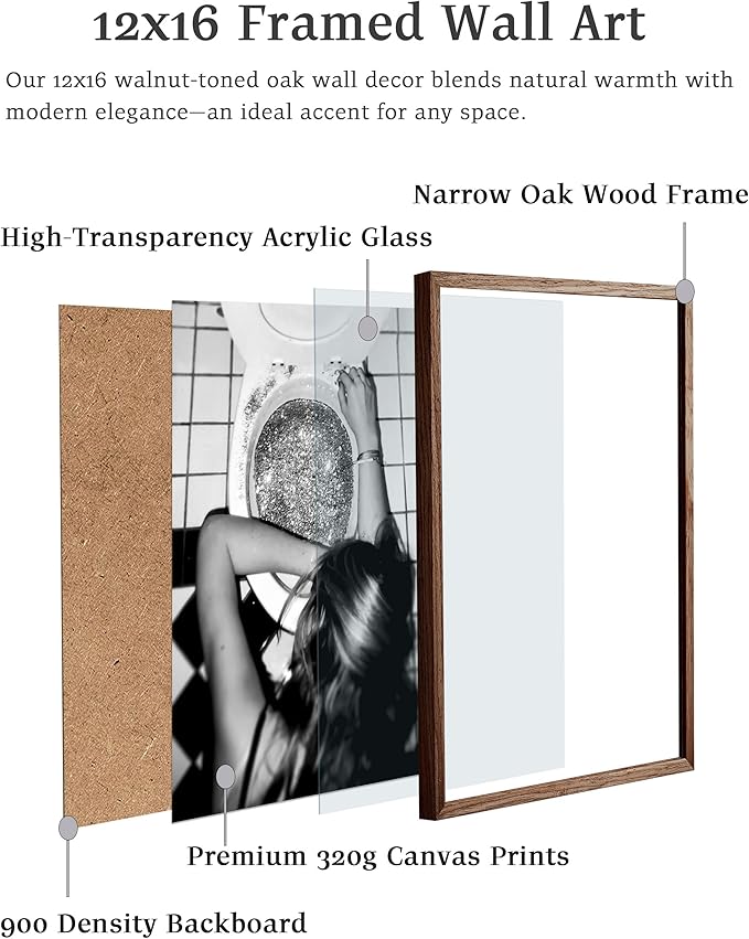 EcoHest Trendy After the Disco Party Framed Wall Art, Walnut Color 12x16 in OAK Wood Black and White Funny Bathroom Canvas Art, Teen Girl Poster College Dorm Decor, 1Pack For Bedroom Living Room