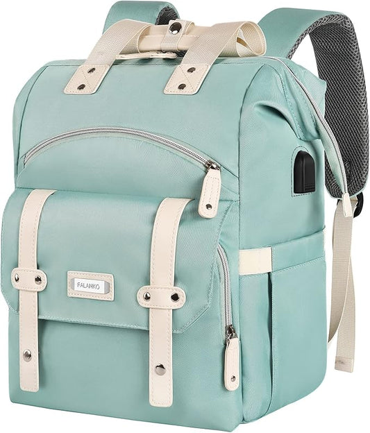 FALANKO Laptop Backpack for Women, Doctor Teacher Nurse Work Bookbag for 17.3 Inch Laptop, Large Travel Wide Open College Shoulder Purse Bag With RFID Anti Theft USB Charging Port-Green