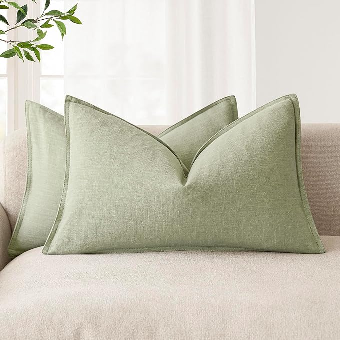 Foindtower Pack of 2, Decorative Linen Solid Throw Pillow Covers Accent Lumbar Cushion Case Boho Farmhouse Pillowcase for Chair Couch Sofa Bedroom Living Room Home Decor 12x20 Inch Light Sage Green