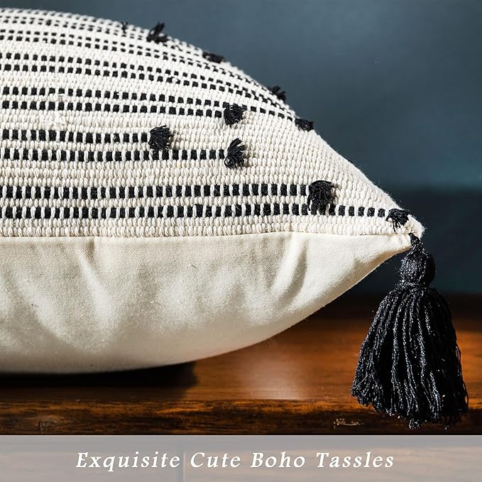 LIGICKY Boho Throw Pillow Covers with Tassel Decorative Square Woven Pillowcase for Couch Sofa Bed, Black and White 18x18 Inch