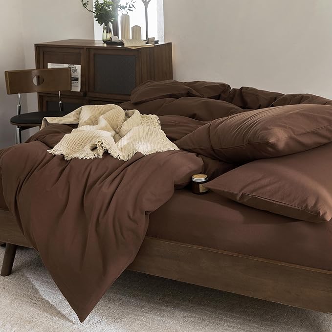 FOSSA Duvet Cover Set 100% Washed Cotton Linen Feel Super Soft Breathable Cozy 3 Pieces Bedding Sets Solid Cocoa Brown Oversized King