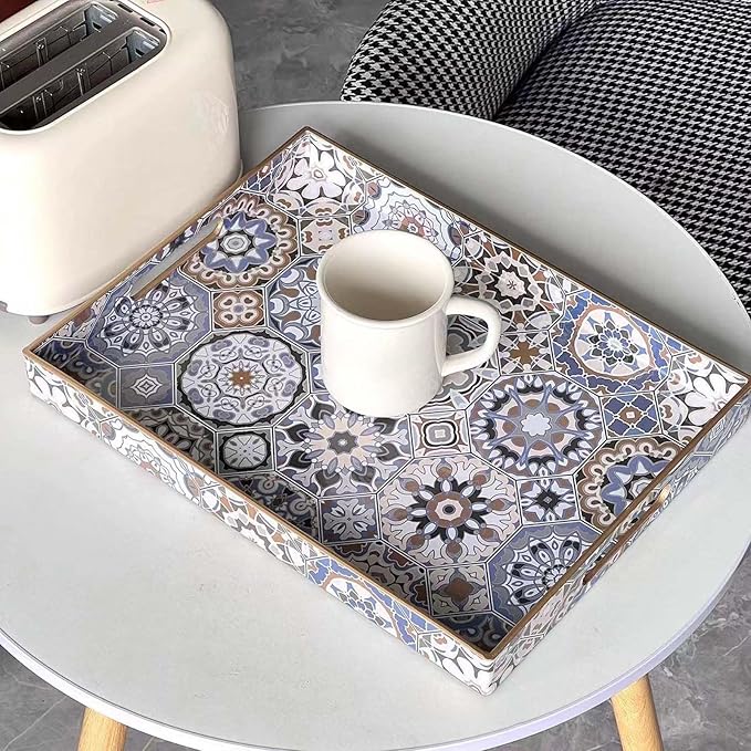 Large Serving Tray with Handles,Rectangle Plastic Serving Tray,Bohemian Blue Ottoman Trays Coffee Table Trays for Living Room,Decorative Tray for Coffee Table 16" x 12"