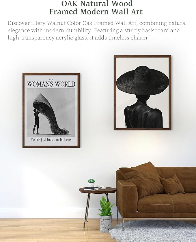 iHery Natural OAK Wood Woman's World Walnut Color Framed Wall Art, 12x16in Retro Feminist Modern Hot Girls Canvas Wall Art, Trendy Black High Heels Bedroom Decor, Bathroom Living Room 1Pack