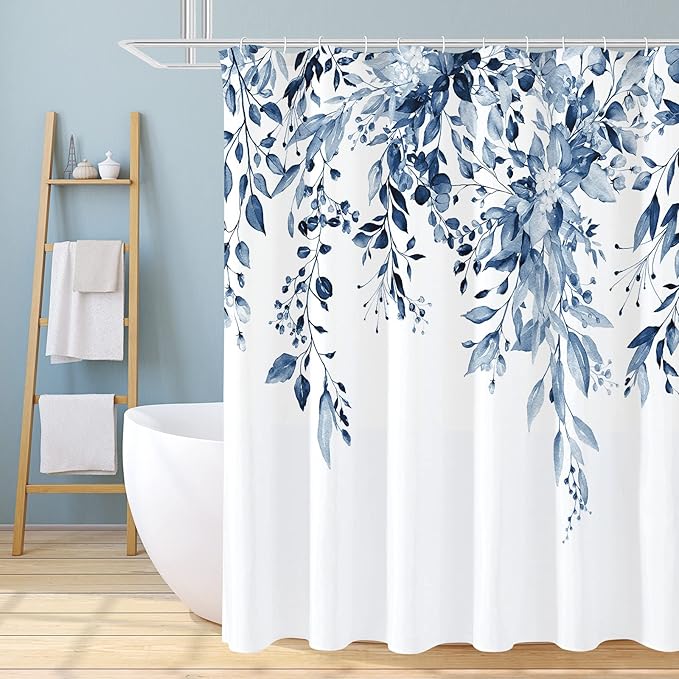 Gibelle Navy Blue Eucalyptus Shower Curtain, Watercolor Plant Leaves with Floral Bathroom Shower Curtain Set with Hooks, 72x72