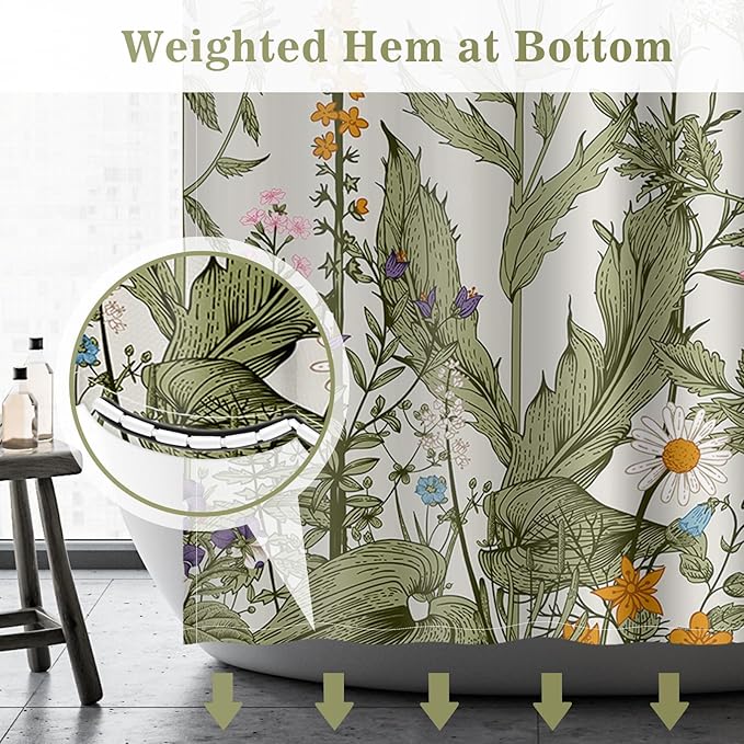 Aimego Spring Floral Shower Curtain- Sage Green Plant Leaves Wildflower Nature Botanical Flower Fabric Cloth Bath Shower Curtain Set with 12 Hooks for Bathroom Decor Accessories, 72"x72"