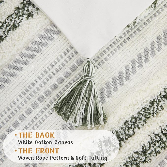 decorUhome Decorative Boho Throw Pillow Cover 12x20, Lumbar Accent Neutral Textured Tufted Pillow Cover Striped for Couch Bed Sofa, Green and Cream White, Pack of 1