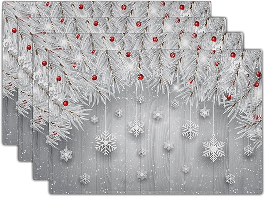 Giwawa Winter Snowflakes Placemats Set of 4 Christmas Silver Snows Xmas Tree Red Berries Linen Table Place Mats Seasonal Non-Slip Heat Resistance 12"x18" for Dining Kitchen Holiday New Year Decor