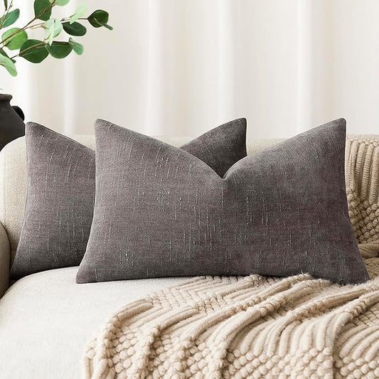 Foindtower Pack of 2 Soft Textured Chenille Throw Decorative Pillow Covers Lumbar Accent Solid Cushion Cover Cozy Farmhouse Pillow Case with Zippe for Couch Sofa Bed Living Room 12x24 Inch, Charcoal