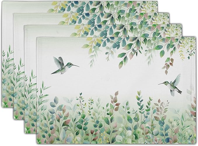 Giwawa 4PCs Hummingbird Placemats for Kitchen Dining, Spring Summer Sage Green Eucalyptus Leaf Herb Botanical Washable Linen Place Table Mat 12x18in for Tabletop Holiday Party Picnic Decor