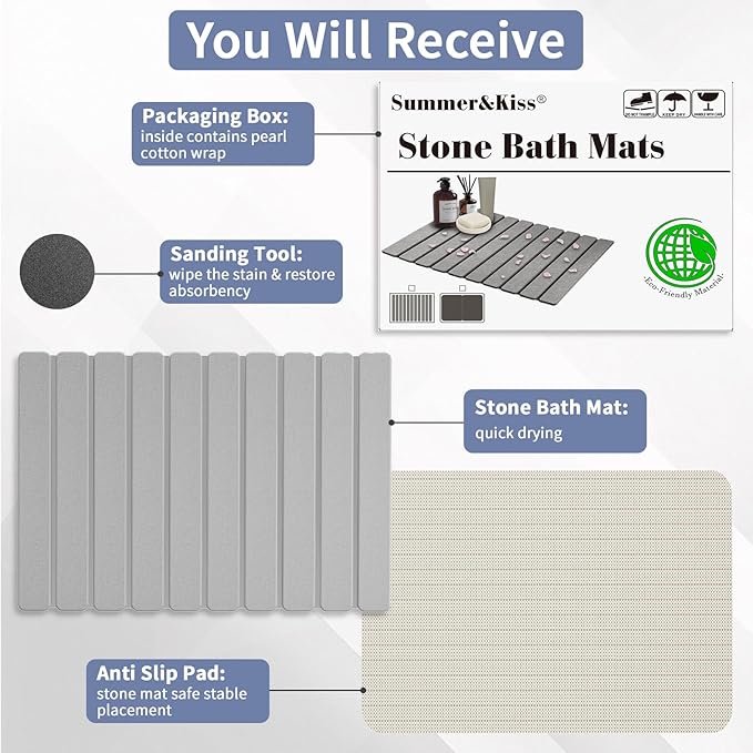Foldable Stone Bath Mat, Quick Dry Stone Drying Mats for Bathroom, Super Absorbent Rollable Bath Mat, Non Slip, Large Diatomaceous Earth Dish Drying Mats for Kitchen Counter, 23.5 x 15.4in