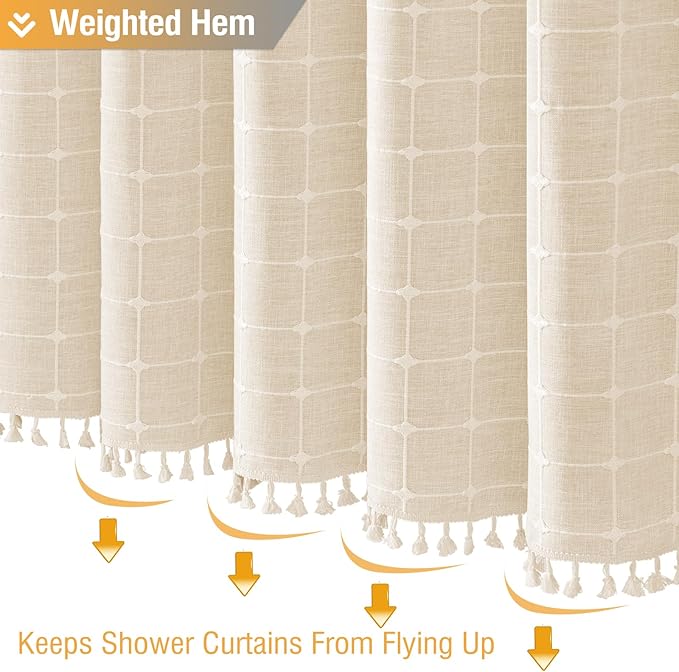 BTTN Extra Long Shower Curtain, 72x84 Inch Long Boho Tassel Linen Fabric Shower Curtain Set with Plastic Hooks, Tall Modern Farmhouse French Country Chic Cloth Shower Curtain for Bathroom, Cream/Beige
