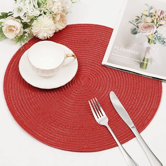 SHACOS Round Placemats Set of 6 Braided Cotton Polyester 15 inch Washable Place Mats for Dining Tables Christmas Table Mats Home Wedding Party Table Decor (Red, 6)