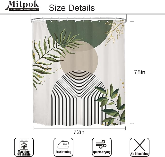 Sage Green Boho Shower Curtain 72Wx78H Modern Abstract Green Gold Leaves Bohemian Plant Botanical Minimalist Arch Bathroom Decor Geometric Neutral Bath Curtain Fabric Polyester 12 Pack Hook