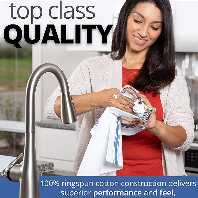 Aunti Em's Kitchen Dish Towels Set (13 Pack) Natural Cotton Fabric for Embroidery - Zero-Lint Cloth for Drying Glasses, Plates, Hand - 25.5 x 15.5 Inch (13-Pack Blue Stripes)