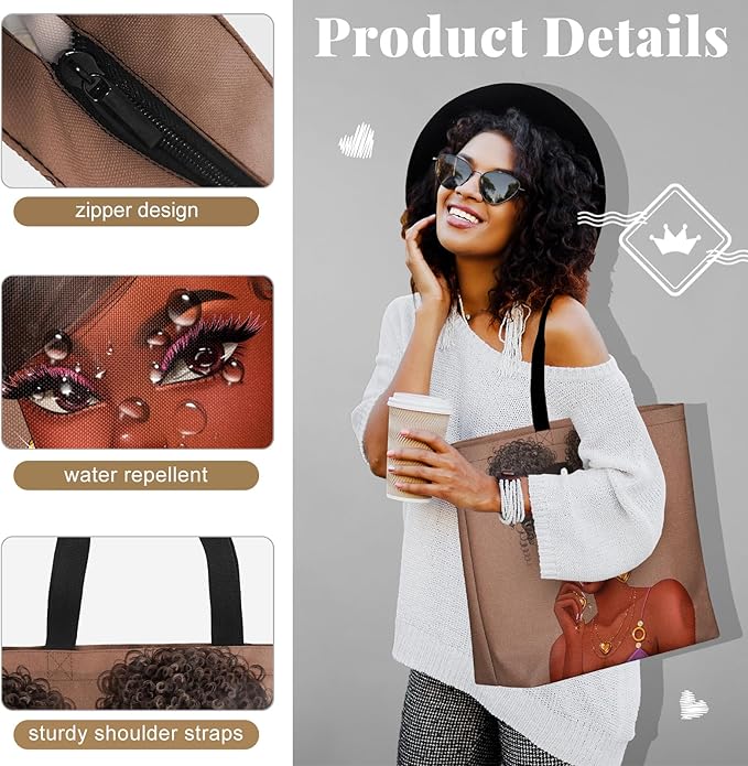 African American Women Tote Bag Black Shoulder Handbag For Women Fit Work Beach Labtops With Zip