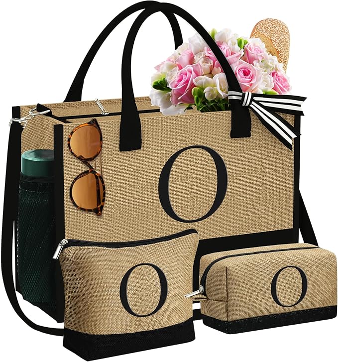 YOOLIFE Gifts for Women - Initial Jute Tote Bag & 2 Makeup Bags Personalized Gifts for Women Teacher Mom Friend Birthday
