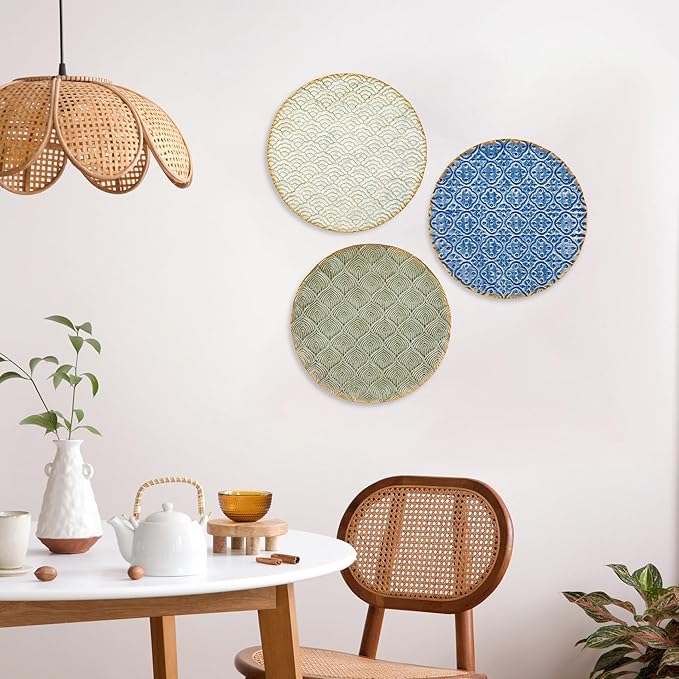 Briful 12" Wall Décor Pack of 3 Metal Blue White Washed Starbursts Radial Plate Wall Art Modern Accent Hanging Wall Decorations For Home Office Bedroom Or Living Room Wall Sculptures