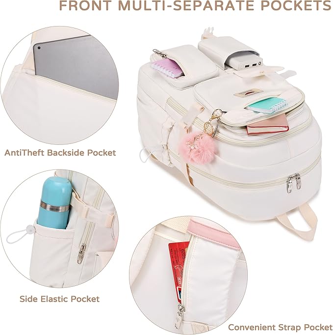 LXYGD Laptop Backpack 15.6 Inch Kids Elementary Middle High School Bag College Backpacks Anti Theft Travel Back Pack Large Bookbags for Teens Girls Women Students (Off-white)