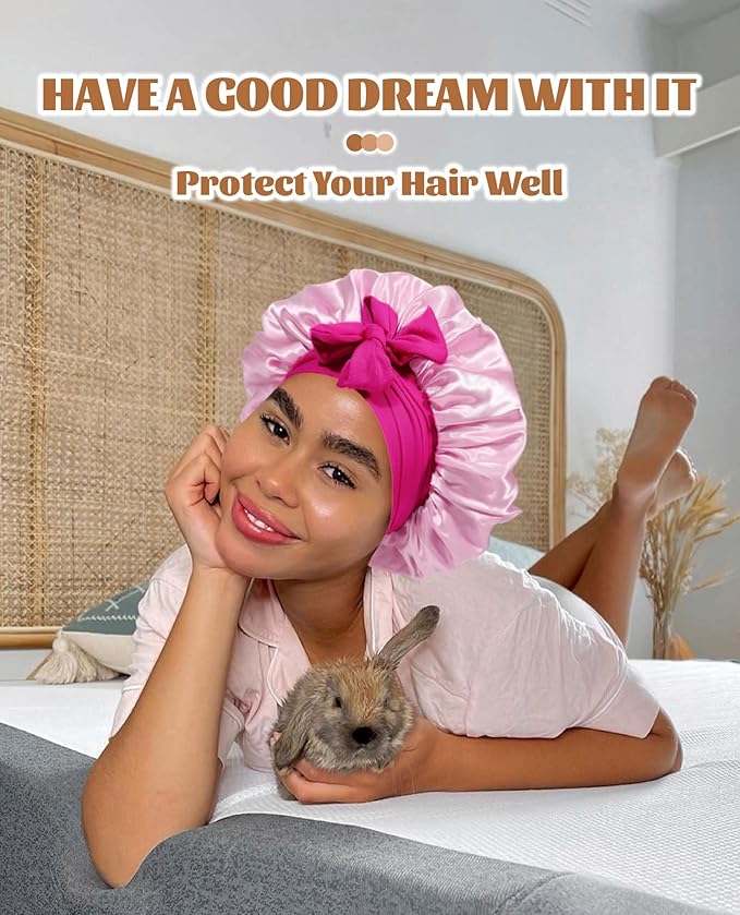 Satin Bonnet Silk Bonnet for Sleeping Silk Sleep Cap Double Layer Hair Bonnet with Elastic Tie Band for Curly Hair Night Cap (Rose red + Skin Powder)