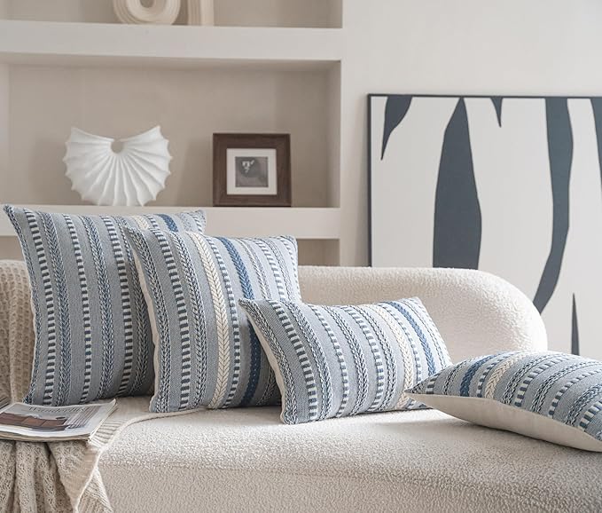 Boho Throw Pillow Covers 20x20 Inch Set of 2, Farmhouse Decorative Couch Pillow Cases, Blue Accent Pillows of Bed, Sofa Bedroom Living Room Home Decor Cushion Cover