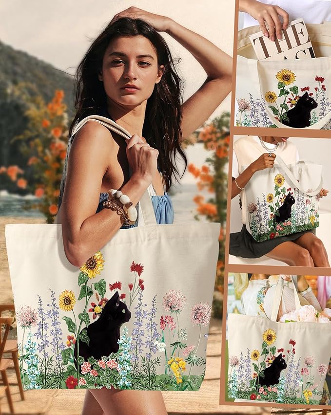 Large Tote Bag for Women - Canvas Tote Bag with Zipper Aesthetic Reusable Shoulder Bag for Gym, Travel, Work