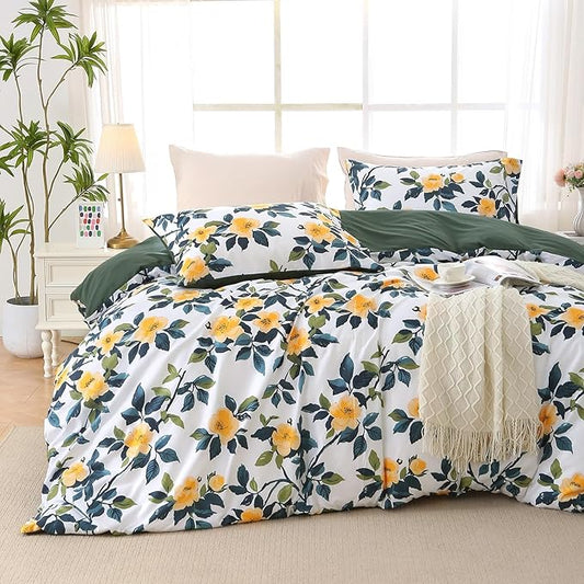 MUXHOMO Duvet Cover Queen Size, Reversible Floral Vintage Duvet Cover Set with Zipper Closure, 3 Pieces Botanical Patterns Soft Microfiber Bedding Set (90"x90", 2 Pillow Cases, Winter Jasmine Green)