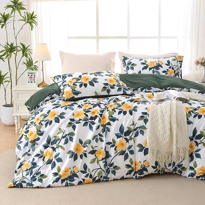 Duvet Cover King Size, Reversible Floral Vintage Duvet Cover Set with Zipper Closure, 3 Pieces Botanical Patterns Soft Microfiber Bedding Set (90"x104", 2 Pillow Cases 20"×36", Winter Jasmine Green)