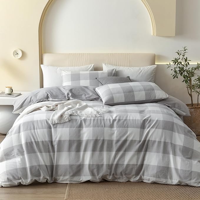 JIYUAN 100% Washed Cotton Duvet Cover Set 3 Pieces King, 1 Duvet Cover 104x90 Inches(Comforter Not Included) and 2 Pillowcases,Linen Feel Bedding Set Comfy and Breathable, Heathered Plaid Grey
