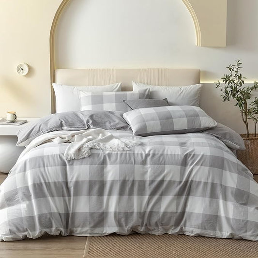 JIYUAN 100% Washed Cotton Duvet Cover Set 3 Pieces King, 1 Duvet Cover 104x90 Inches(Comforter Not Included) and 2 Pillowcases,Linen Feel Bedding Set Comfy and Breathable, Heathered Plaid Grey