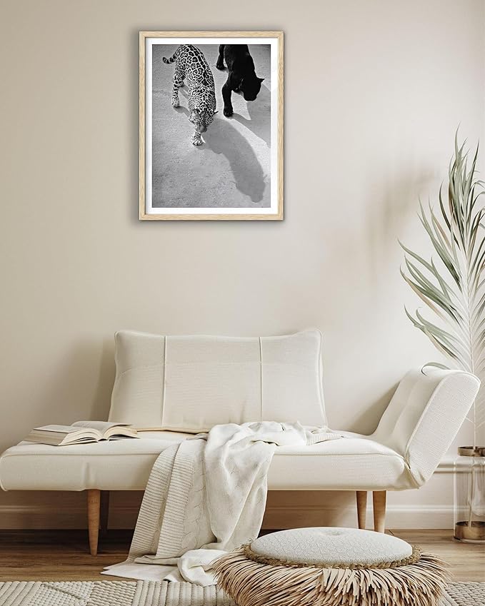 EcoHest Cheetah and Jaguar Walking Framed Wall Art, 12x16 in OAK Wood Vintage Black and White Funny Bathroom Canvas Art, Fashion 1950s Poster Decor, Beige Logs Set of 1 for Bedroom Living Room