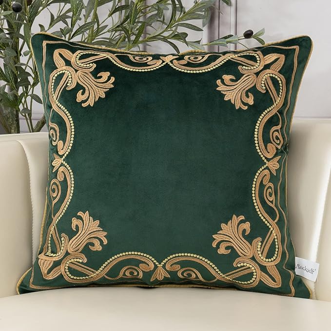 Aeckself European Floral Pillow Cover 24x24 Inch, Large Luxury Velvet Embroidered Decorative Throw Pillow Cover for Couch Bedroom Living Room, Dark Emerald Green and Gold, OBYG-Teal6060