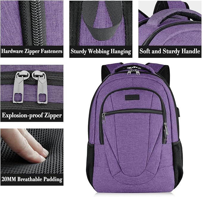 BIKROD Backpack for Women and Men, Extra Large School Backpacks for Teens, Water Resistant Back Pack with USB Charging Port Fits 17 Inch Laptop, Business Anti Theft Sturdy Computer Bag Gifts, Purple