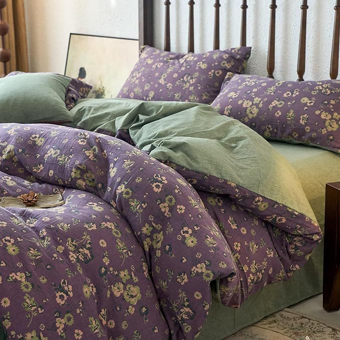 mixinni Vintage Floral Duvet Cover Queen Set - Purple & Green Reversible Jacquard, 100% Yarn-Dyed Double-Layer Cotton, Breathable Luxury Bedding (3-Piece, Includes 2 Pillowcases) Farmhouse & Bohemian