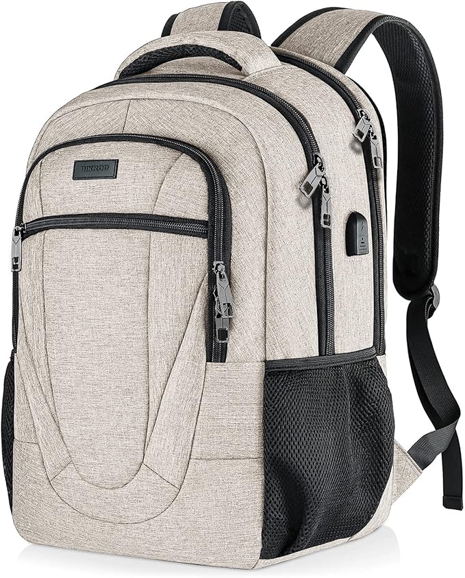 Backpack for Women and Men, Extra Large School Backpacks for Teens, Water Resistant Back Pack with USB Charging Port Fits 17 Inch Laptop, Business Anti Theft Sturdy Computer Bag Gifts, Beige