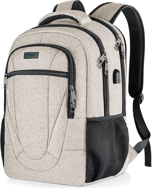 Backpack for Women and Men, Extra Large School Backpacks for Teens, Water Resistant Back Pack with USB Charging Port Fits 17 Inch Laptop, Business Anti Theft Sturdy Computer Bag Gifts, Beige