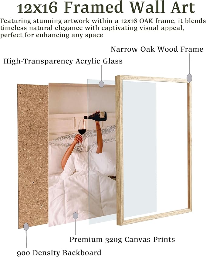 EcoHest Woman Drinking Wine in Bed Framed Wall Art, 12x16 in OAK Wood Feminist Alcohol Canvas Art, Trendy Teen Girl Bar Cart Print College Room Decor, Beige Logs Set of 1 For Bedroom Living Room