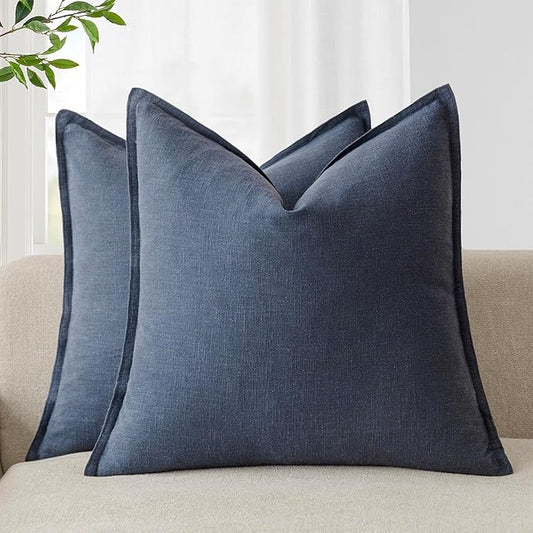 Foindtower Pack of 2, Decorative Linen Soild Throw Pillow Covers Soft Accent Cushion Case Boho Farmhouse Pillowcase for Couch Sofa Bedroom Living Room Home Decor 22 x 22 Inch Navy Blue