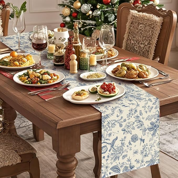 Blue Flower Burlap Table Runner Seasonal Spring Fall Kitchen Dining Linen Table Decoration for Indoor Outdoor Home Party Dinner 13x72 Inch