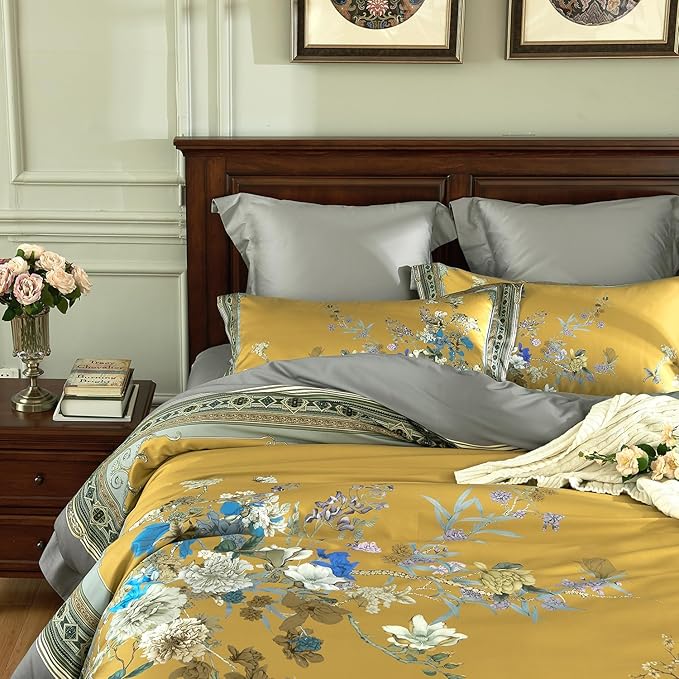 mixinni Queen Size Duvet Cover Set - 3PC Garden Style Long Staple Cotton Golden Floral Bedding, Chinoiserie Chic Botanical Print, Reversible Design, Zipper Closure, Soft & Breathable for Him & Her
