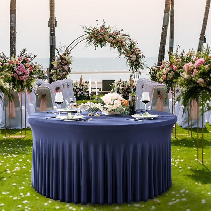 Outpain 6 Pack 72In/6FT Navy Blue Spandex Round Tablecloths, Stretchy 132inch Fitted 6FT Round Table Cloths, Wrinkle Free Table Cover with Skirt for Wedding Party Dining Banquet