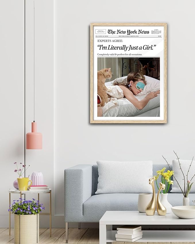 EcoHest Trendy Newspaper New York Magazine Framed Wall Art, 16x20 in Large OAK Wood I‘m Literally Just a Girl Canvas Wall Art, Preppy Home Decor, Beige Retro For Bedroom Living Room 1Pack