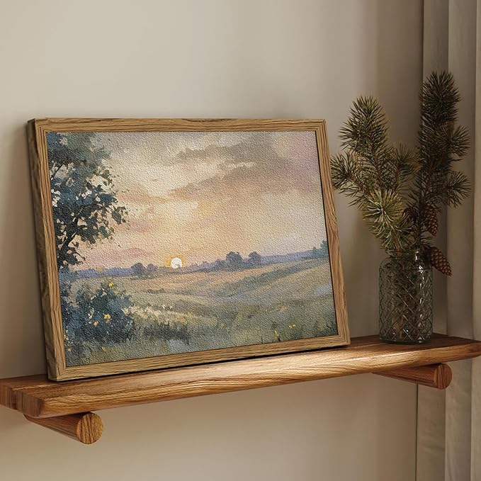 Framed 3D Textured Wall Art, Vintage Fall Sunset Wall Decor Painting, Hand Drawn Sandstone Nature Watercolor Landscape Pictures for Living Room Bedroom Home Decor 16x24 inch Wood Frame