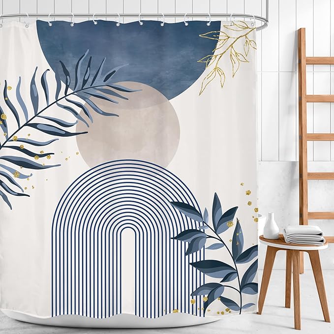 Blue Gray Boho Shower Curtain Dusty Blue Gold Leaves Modern Bohemian Abstract Mid Century Minimalist Grey Plant Bathroom Decor Geometric Arch 60Wx72H Bath Curtain Fabric Polyester 12 Pack Hooks