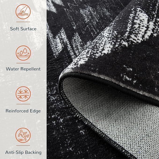 Area Rug 4x6 Rug Machine Washable Non-Slip Low Pile Print Pattern Western Rug for Living Room Bedroom Entryway Tribal Series-Black