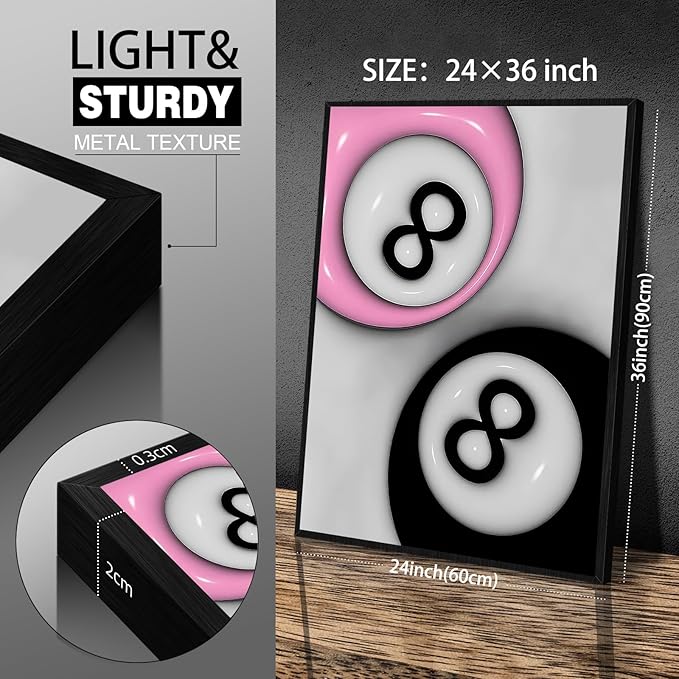 Trendy Pink and Black 8 Billiards Balls Poster Retro Pool Ball Couple Wall Art Y2K Aesthetic Canvas Prints 24x36 inch Black Framed Preppy Room Wall Decor for Billiard Hall College Dorm