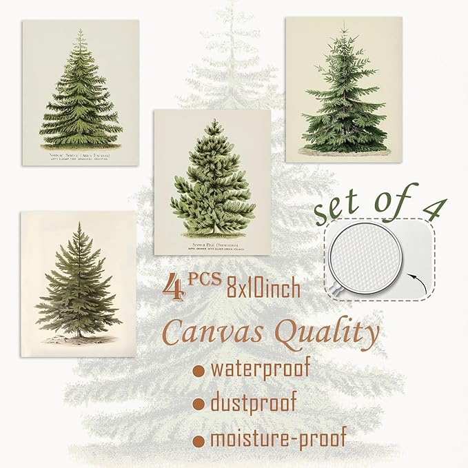 Vintage Christmas Tree Wall Art – Set of 4 Rustic Pine Tree Prints, Cozy Botanical Winter Holiday Decor, Unframed Christmas Wall Artwork for Festive Home Styling (8x10 Inch)