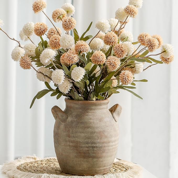 Ceramic Flower Vase Home Decor - Farmhouse Table Vases with Handle Living Room Decoration Vintage Decorative Aesthetic for Shelf Coffee Dining Desk House Bookshelf Fireplace (7.1" Retro)