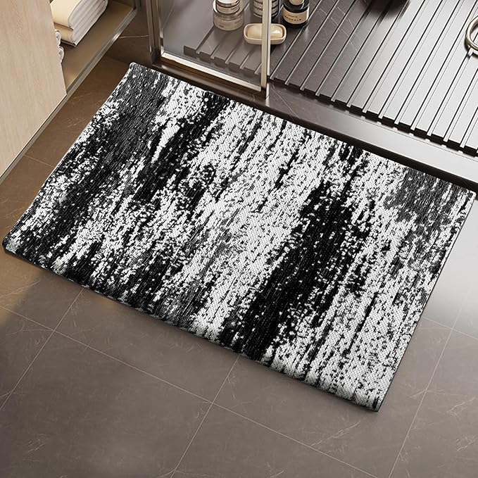 HDFK Graffiti Bath Mat | Non Slip Water Absorbent Quick Dry Woven Floor Mats | Thin Machine Washable Modern Shower Rug | Low Pile Profile Fit Under Door Vanity Room Bathroom Rugs | 30x20 Inch Black